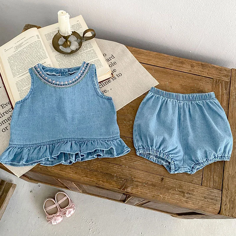 2025 neue Sommer 0-3Yrs Kinder Kleidung Anzug Ärmel Einfarbig Denim Weste + Shorts Neugeborenen Baby Mädchen Kleidung Set