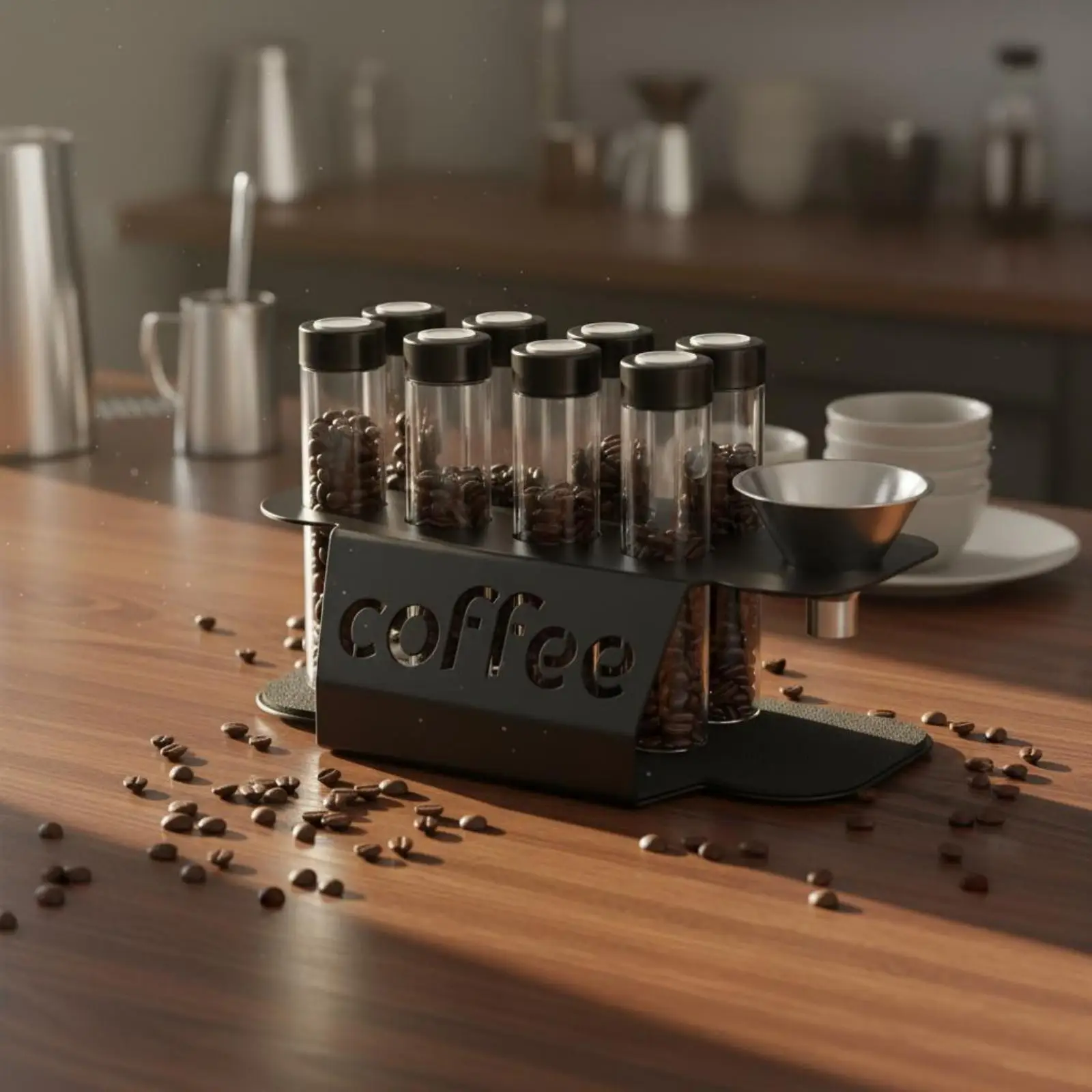 Glass Tube Coffee Bean Display Rack with One Way Exhaust Valve Carbon Steel Base for Retail Counter or Home Use