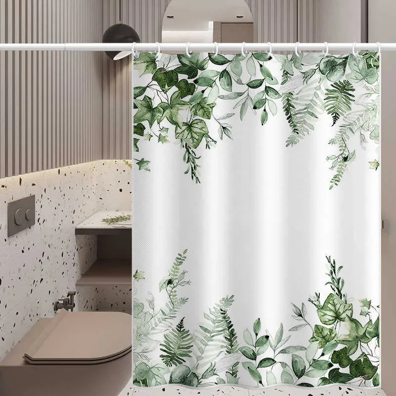 

Watercolor Green Leaves Shower Curtain, Botanical Eucalyptus Print, Waterproof Polyester Bathroom Curtain with Hooks