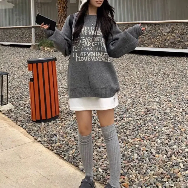 American Retro Letter O-Neck Sweaters Female Clothing Casual Loose Autumn Winter Long Sleeve Fashionable Basic Knitted Pullovers