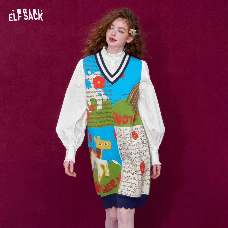 

ELFSACK Sweet Fake Two-Piece Dress Ruffle Collar White Shirt Knit Vest Dress Puff Sleeve Lace Cuff Versatile Female Dress