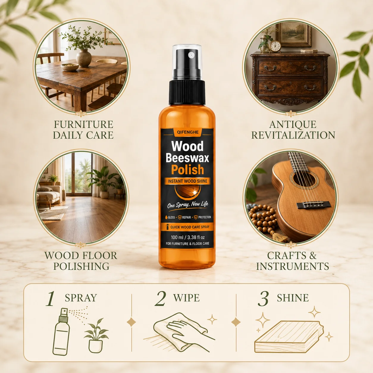 Wood Polish Spray with Natural Beeswax, Furniture Restorer Cleaner, Revives Dull Dry Wood and Protects from Water Stains 100ml