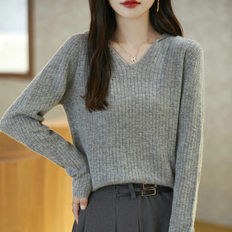 

100% Pure Australian Wool Women's Hooded One-Line Ready-to-Wear Pullover Knitted Sweater Jacket Long Sleeve Sweater Elegant Top