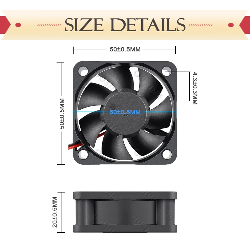 Wentylator osiowy Gdstime 50MM 5020 DC 5V 12V 24V z łożyskiem kulkowym/tulejkowym, radiator 50x50x20MM, wentylator do drukarki 3D, mini wentylator bezszczotkowy, chłodzenie PC — zdjęcie produktu 5