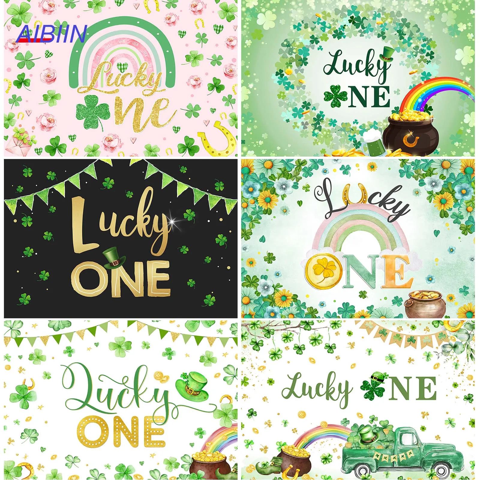 

AIBIIN Lucky One Birthday Backdrop Green Shamrock Rainbow Clover Floral St Patrick's Day Photography Backdrop Party Decorations