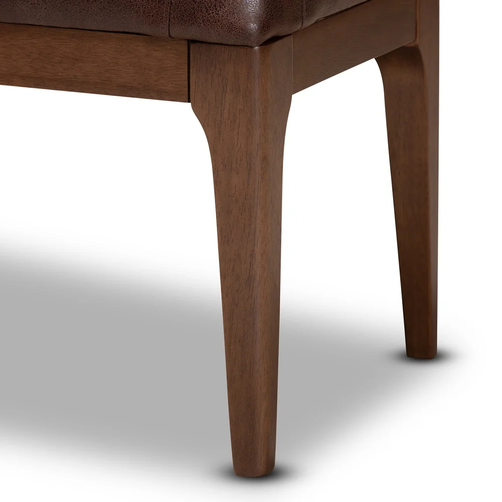 Mid-Century Modern Upholstered Dining Bench Solid Rubberwood Foam Padding Faux Leather Tapered Legs Indoor Assembly Required