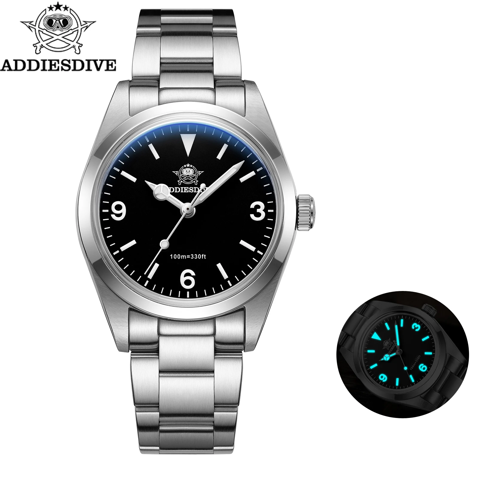 

ADDIESDIVE Quartz Watches Men Stainless Steel 36mm Black Dial Diver Wristwatches Bubble Mirror Glass BGW9 Luminous Analog Watch