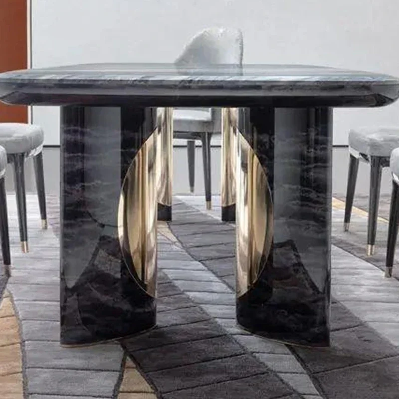 Mesa de comedor y silla rectangular de mármol de lujo ligero, combinación de mesa de comedor con placa de roca italiana de alta gama para el hogar