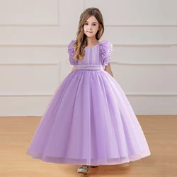 Elegant Girls Purple Flower Party Princess Dress Kids Long Birthday Evening Prom Gown Girl Piano Competition Clothes Fashion Wea