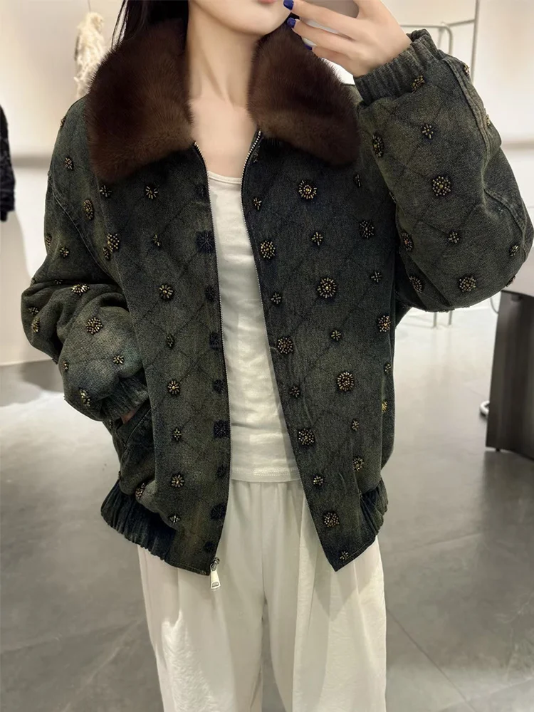 

2025 New Winter Women's Natural Real Mink Fur Collar Coats Goose Down Jacket Denim Jacket Luxury Female Outwear