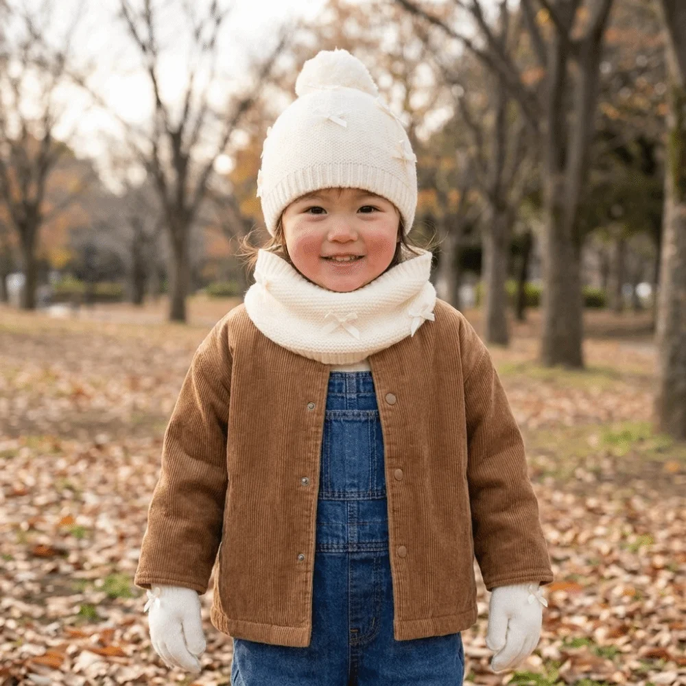 Cute Bowknot Hat Neck Warmer Gloves Set Polyester Solid Color Hat Scarf Gloves Kit Pink Soft Knitted Beanie Daily Wear