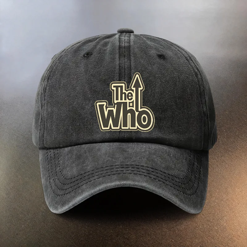 A Washed Cap Featuring 'The Who', Perfect for Daily Outings And, a Must-Have Stylish Hat for Couples. It Showcases a Vintage Pri