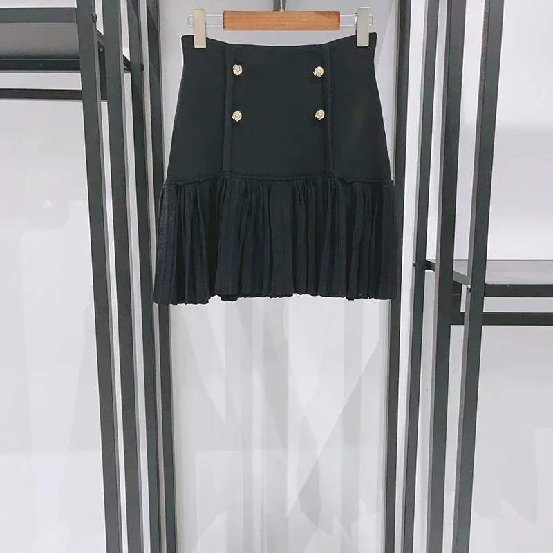 Summer Women Fashion Knitwear Black Double Breasted Round Neck Sleeveless Tank Top or Pleated A-Line Mini Skirt