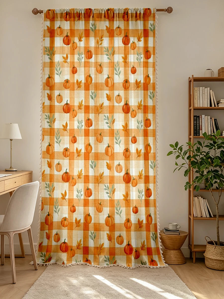 1PC Thanksgiving Fall Tassel Sheer Curtains, Pumpkin Maple Leaf, Digital Print, Linen Polyester, Bedroom Living Room, Home Decor