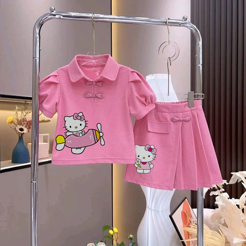 2Pcs Anime Sanrioed Girl\'s Short Sleeved Hello Kitty Kuromi Kawaii Fashion Cartoon Kids Short-Sleeve T-Shirt Pleated Skirt Set