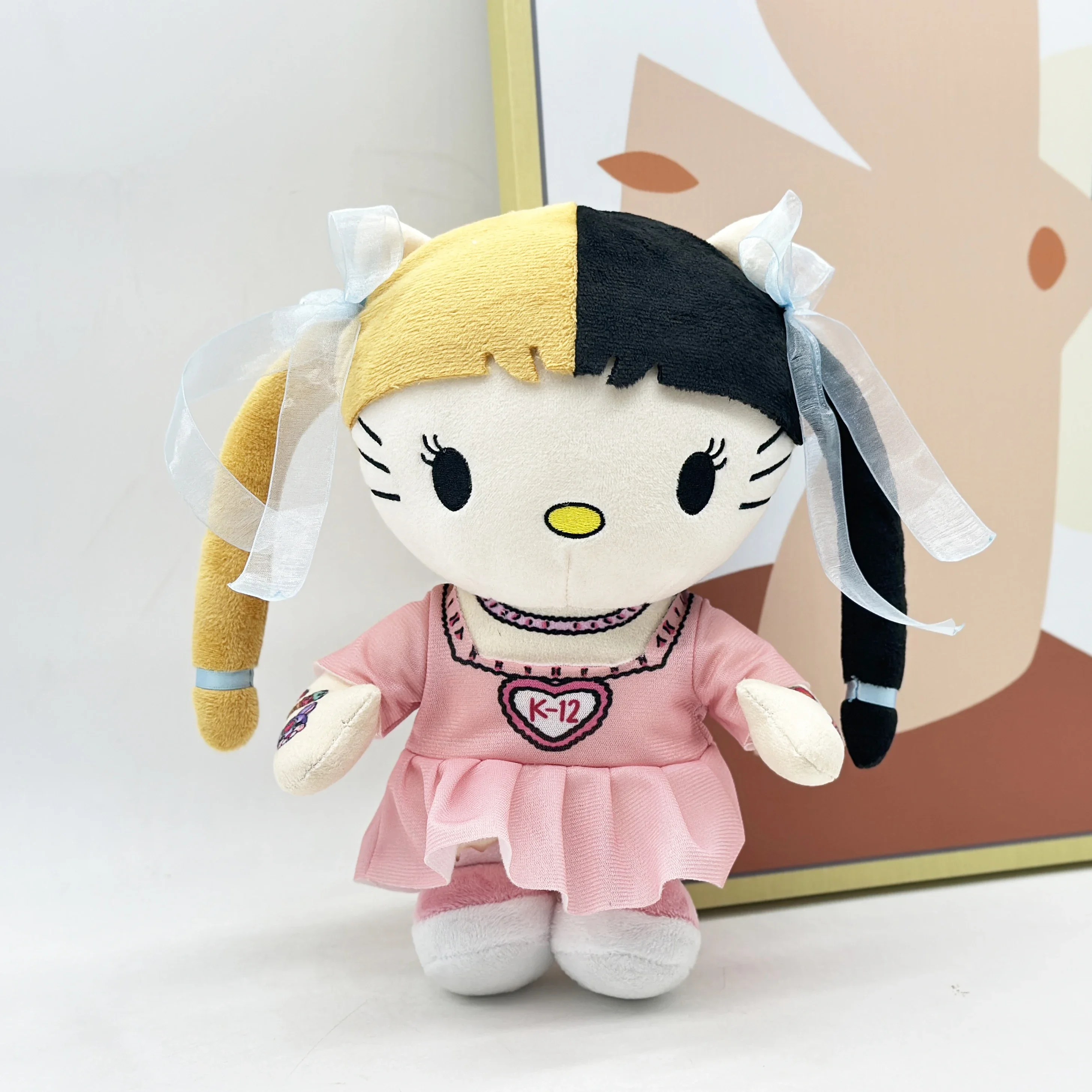 Hello Kitty Melanie Martinez Black and Yellow Hair Plush Doll with Pink Dress Plushies Stuffed Toys Boys Girls Fans Collect Gift