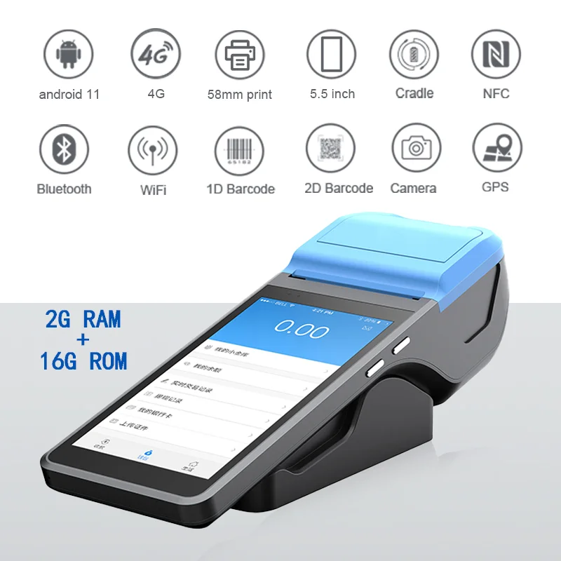 Android 11 Handheld POS Printer 58mm Terminal with Bluetooth Thermal Receipt Printer Handheld Device PDA POS