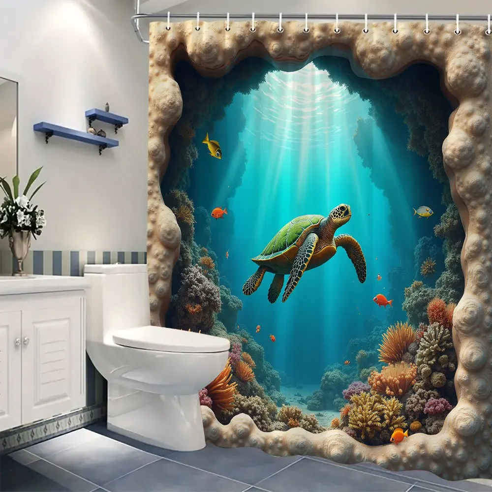Ocean Cave Sea Turtle Shower Curtain, Underwater Coral Tropical Fish Waterproof Fabric Bathroom Curtain with Hooks, Marine Bath