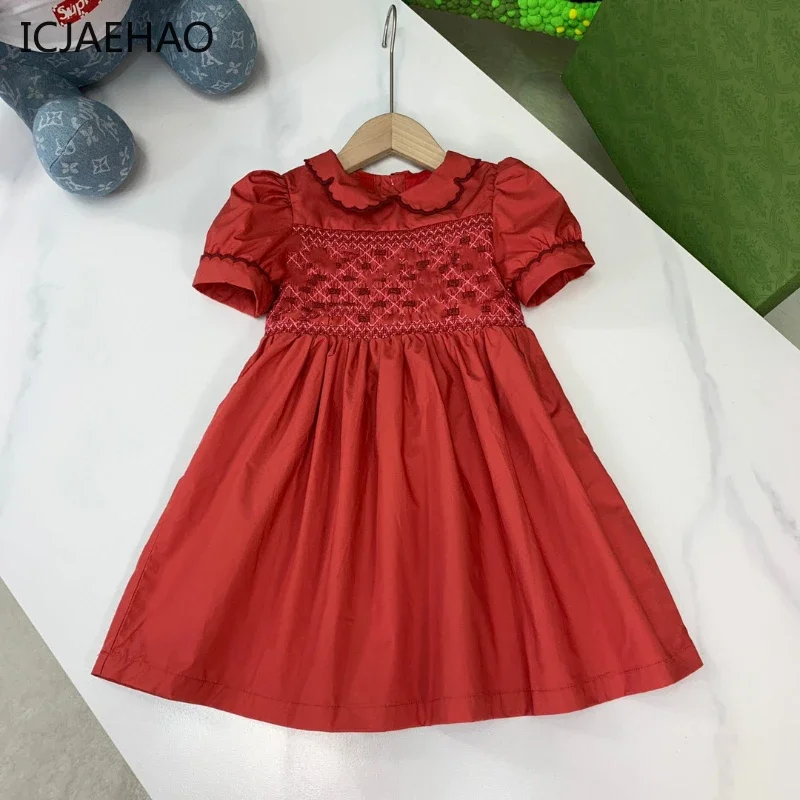 2025 Smocked Dress for Girl Embroidered Retro Red Lapel Doll Collar Fashionable Handmade Smocking Princess Girls' Dress Matching