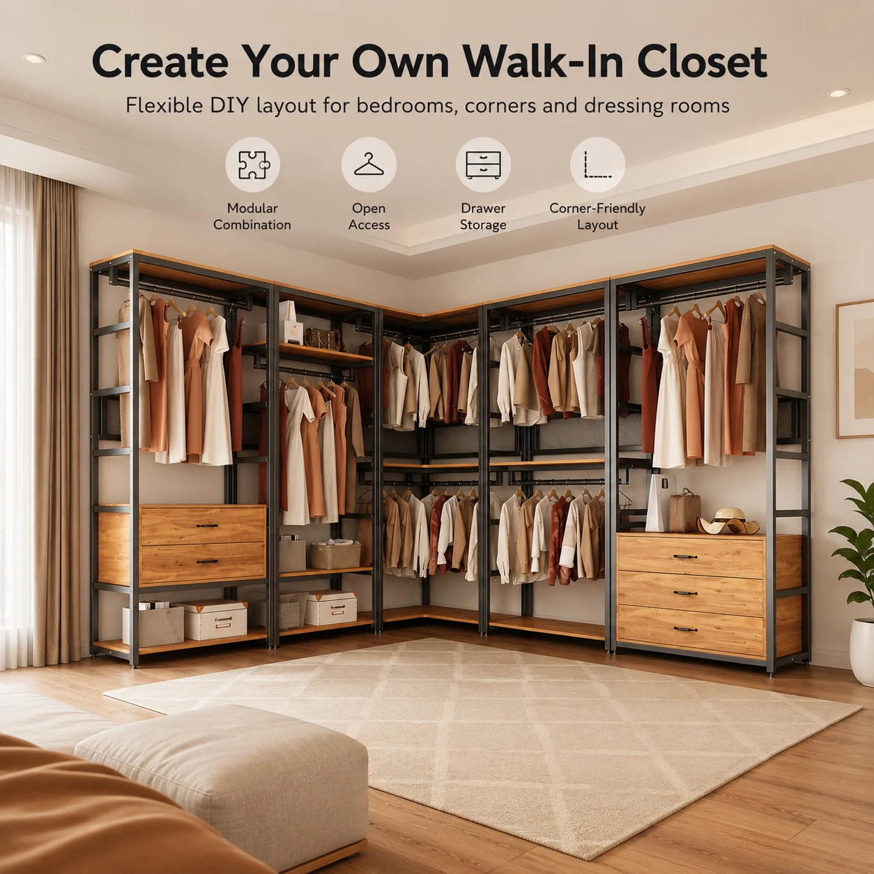 Modular Walk-in Closet System Metal Wood Wardrobe Open Clothes Organizer with Drawers Shelves DIY Storage Rack Bedroom Furniture