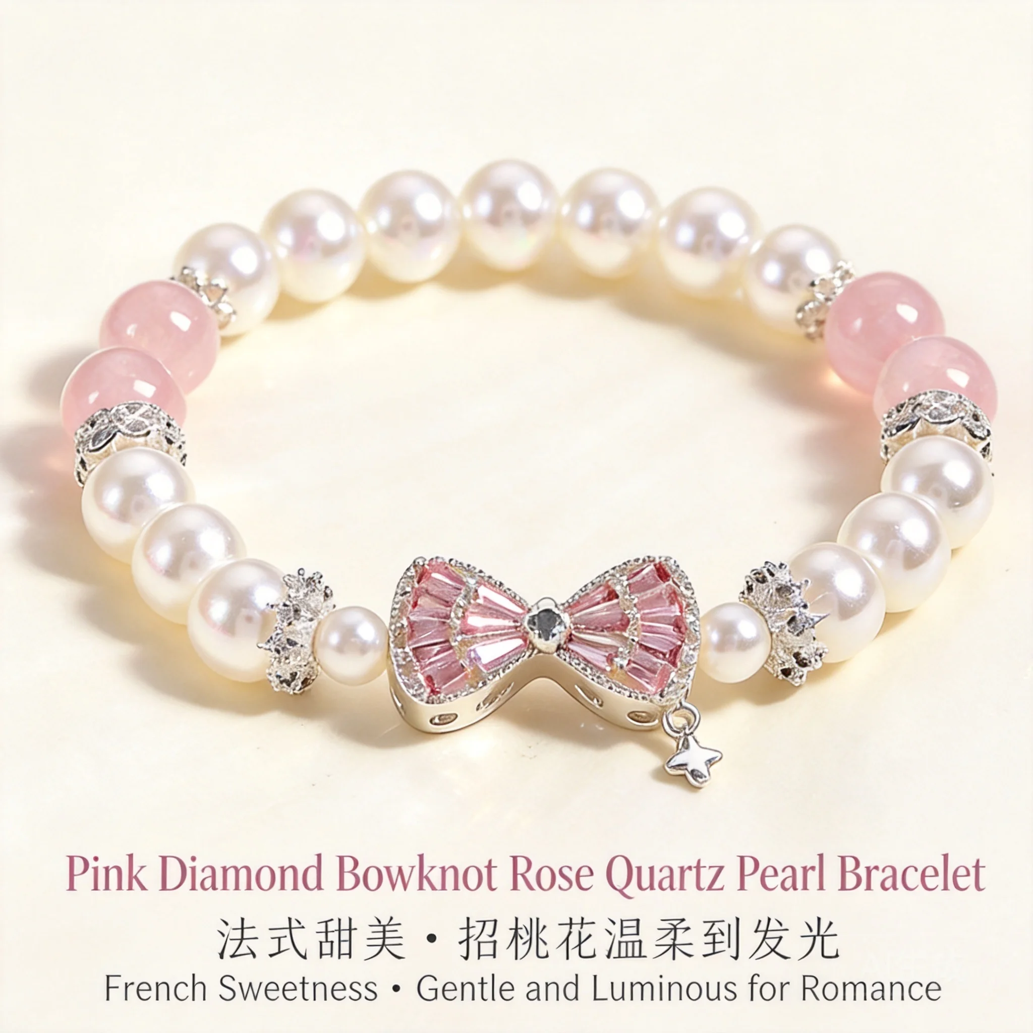 Chinese Style Lucky Rose Quartz Pearl Bow Knot Beaded Bracelet For Women Elegant Princess Design Blessing Fortune Good Luck Attr