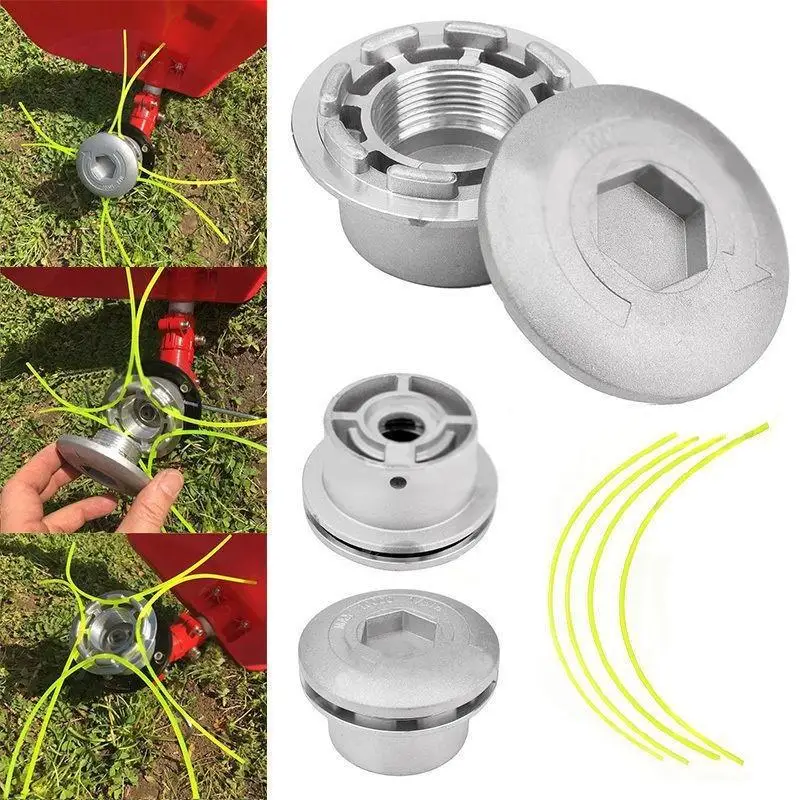 Cabezal de corte de césped de aluminio Universal con cabezal cortador de cepillo de 4 líneas, cabezal de línea de corte de césped de nailon para cortacésped plateado