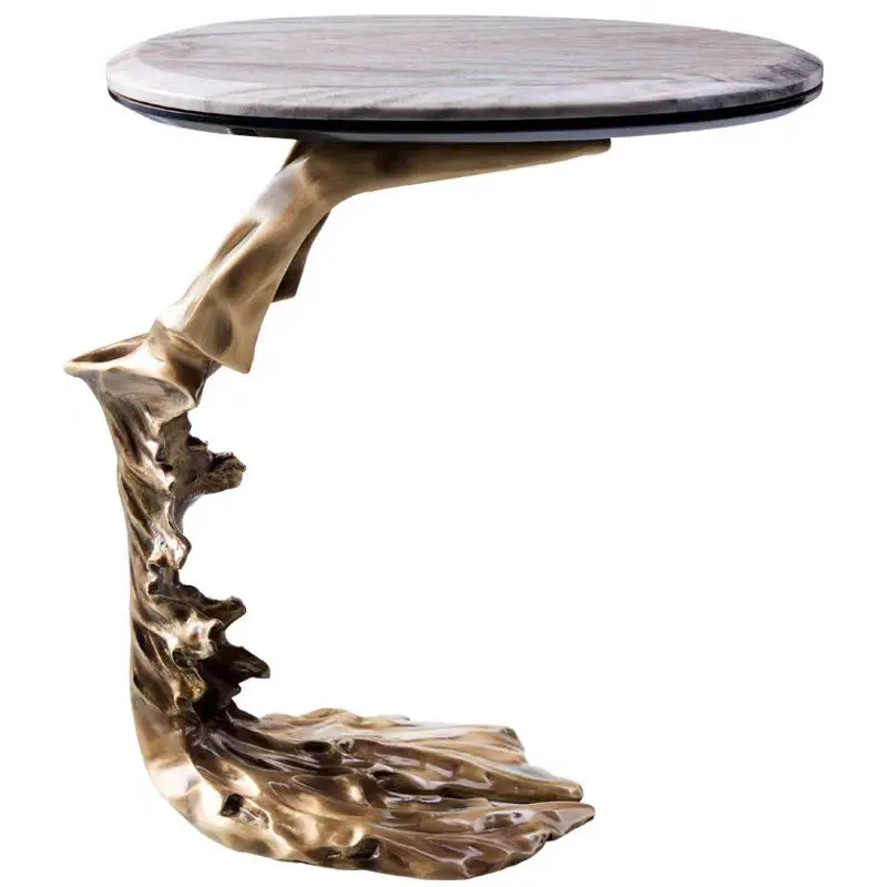 

Artistic flowing metal bottom side table with natural marble top - stainless steel and stone fusion