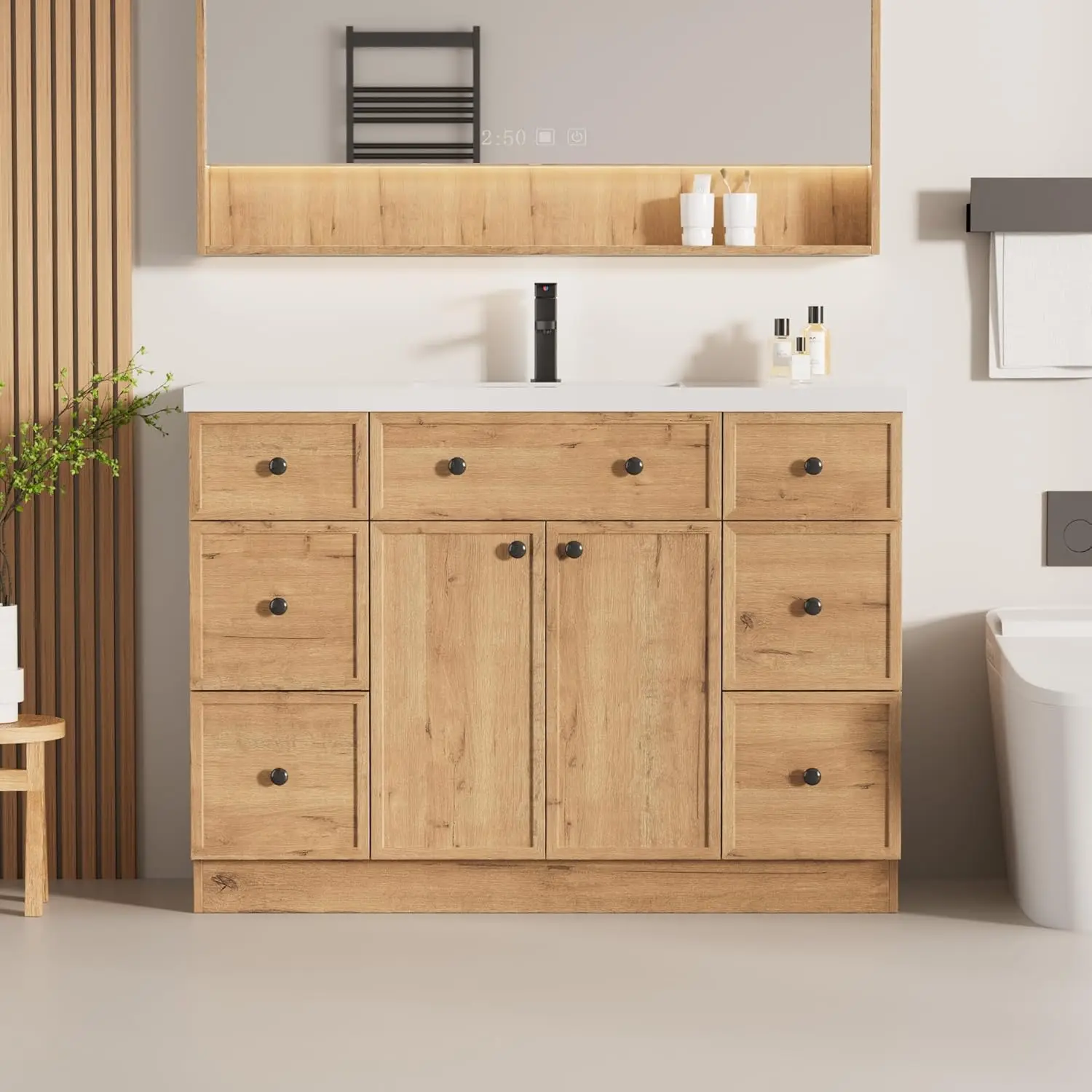 

48in Bathroom Vanity Cabinet Undermount Solid Surface Sink Soft Close Hinges Water Saving Faucet Natural Wood, Custom