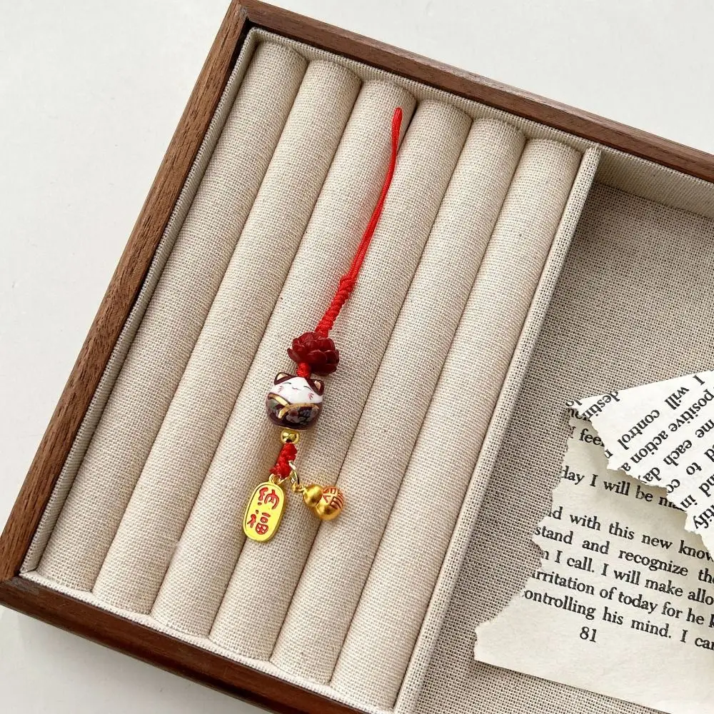 Cartoon Maneki Neko Key Chain Ceramic Ornament Lucky Cat Phone Charm Phone Lanyard Fortune Lucky Cat Phone Strap Phone Accessory