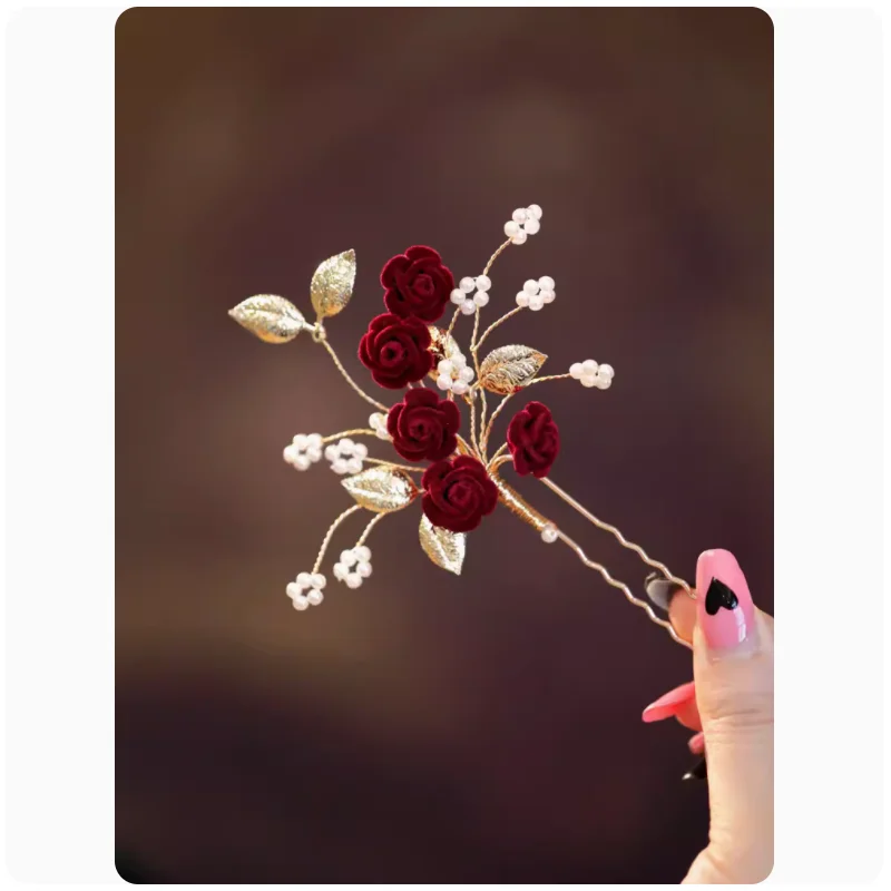 Clássico U Shaped Hairpin para Meninas, Red Little Hair Stick, Ancient Hanfu, Cobrir Sideburns, Flor Hairpin, Headdress, Glamorous