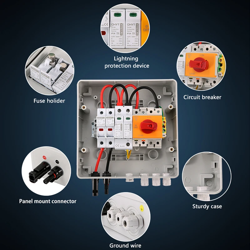 Boîte de combinaison solaire PV 1 en 1, étanche, montée extérieure, IP65, 1000V, Protection contre les surtensions et les éclairs, boîtes de Distribution DC