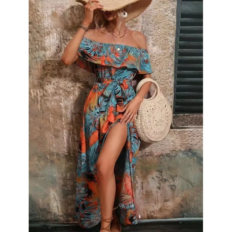 2024 Zomer Mode Nieuwe Gedrukt Jurk Vrouwen Elegante Een Lijn Kraag Verstoorde Lace Up Lange Rok Casual Resort Stijl Strand jurk