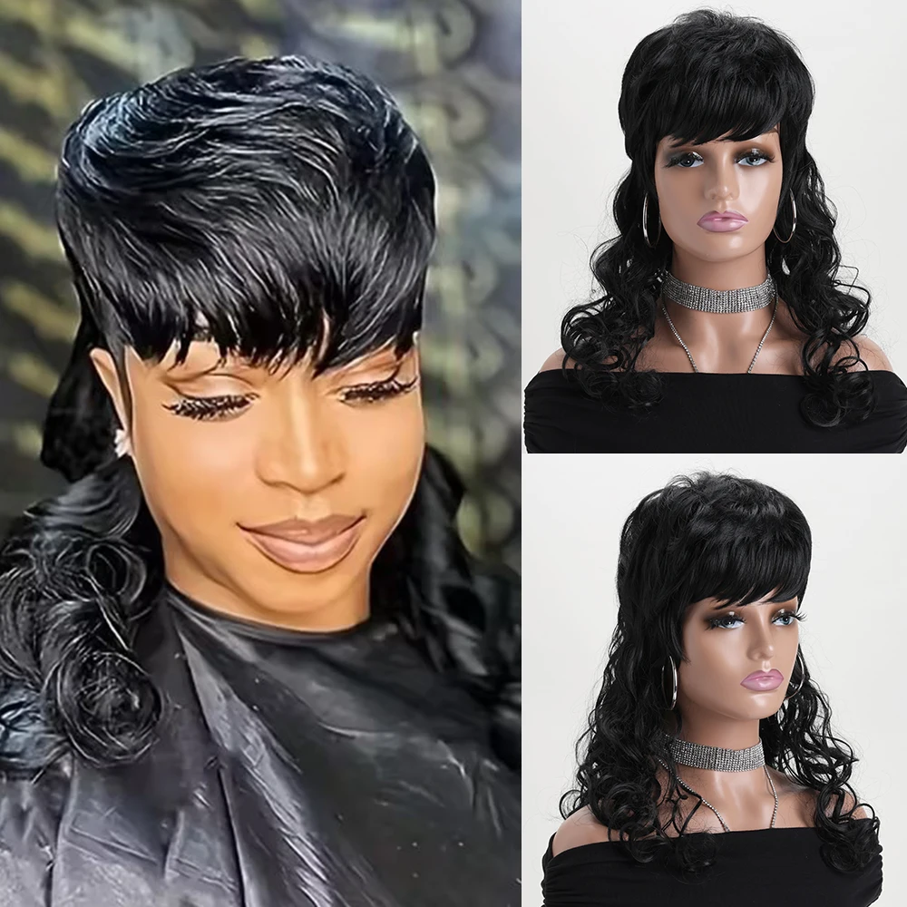 

18 Long Inches Natural Synthetic Black Wigs with Bangs Soft Mommy Hair Daily Use Curly Hair Costume Party Wig for Women