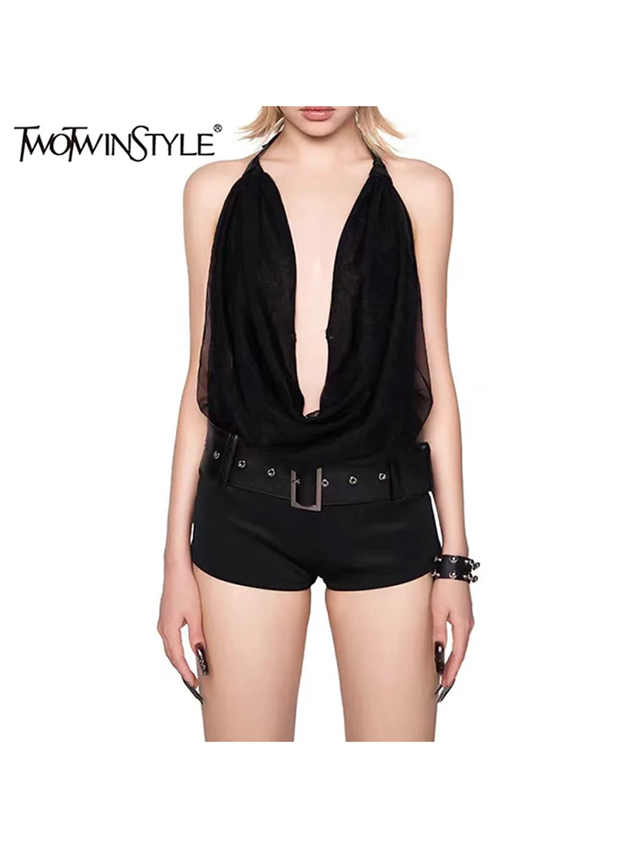 

TWOTWINSTYLE однотонный комбинезон для похудения с поясом для женщин, глубокий V-образный вырез, без рукавов, с высокой талией, темпераментные комбинезоны, женские новые