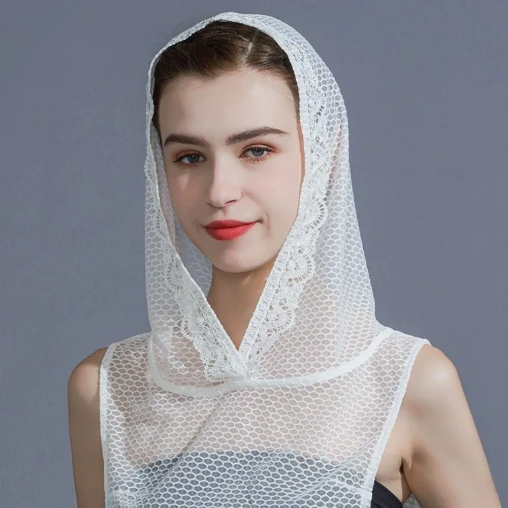 With Cap Fake Lace Floral Collar Gauzy Slim Mesh Base Layer Top Solid Color Short Sleeve Detachable False Collar Versatile