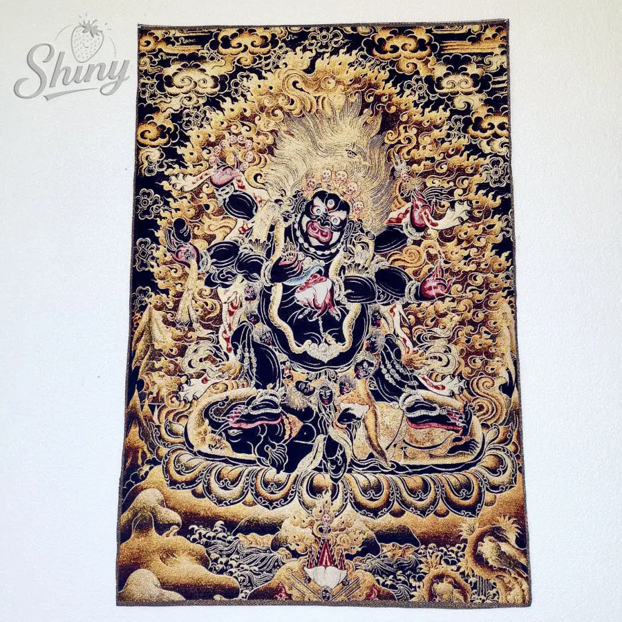 35.4″ Black Gold Six-Armed Mahakala Brocade Tibetan Tangka Embroidery Painting Gold Thread Embroidery