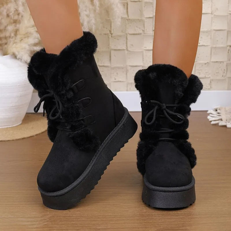 2025 العلامة التجارية الجديدة كبيرة الحجم أحذية الثلوج للنساء أزياء من الدانتل متابعة مسطحة القاع سميكة أحذية الثلوج مريحة غير رسمية أحذية الشتاء