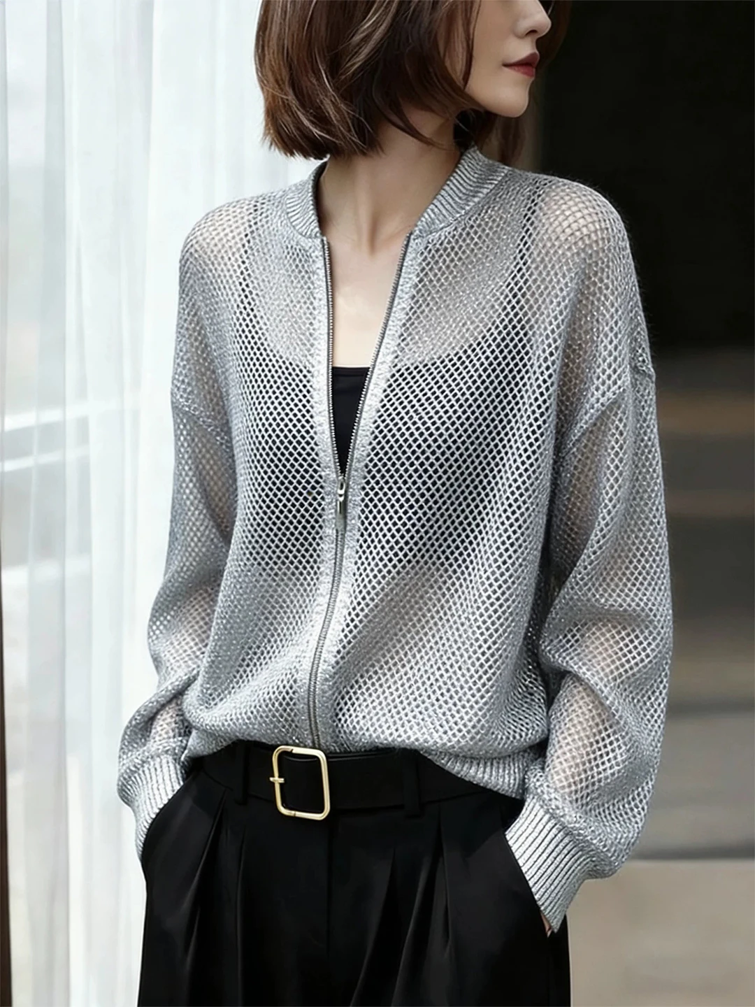 

Business Commuter Style Zipper Hollow out Long Sleeve Women's Top Elegant Slimming High-End Feelings Summer Fashion 2026