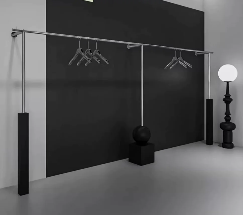 

Clothing store display shelves, wall mounted dedicated shelves, stainless steel display shelves, women's clothing store hangers