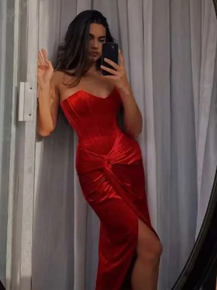 

HH Woman Elegant Lace-up Short Strapless Tops+Slit Knot Decoration Pleated Midi Side Zipper Skirt Casual Spring Two Piece Set