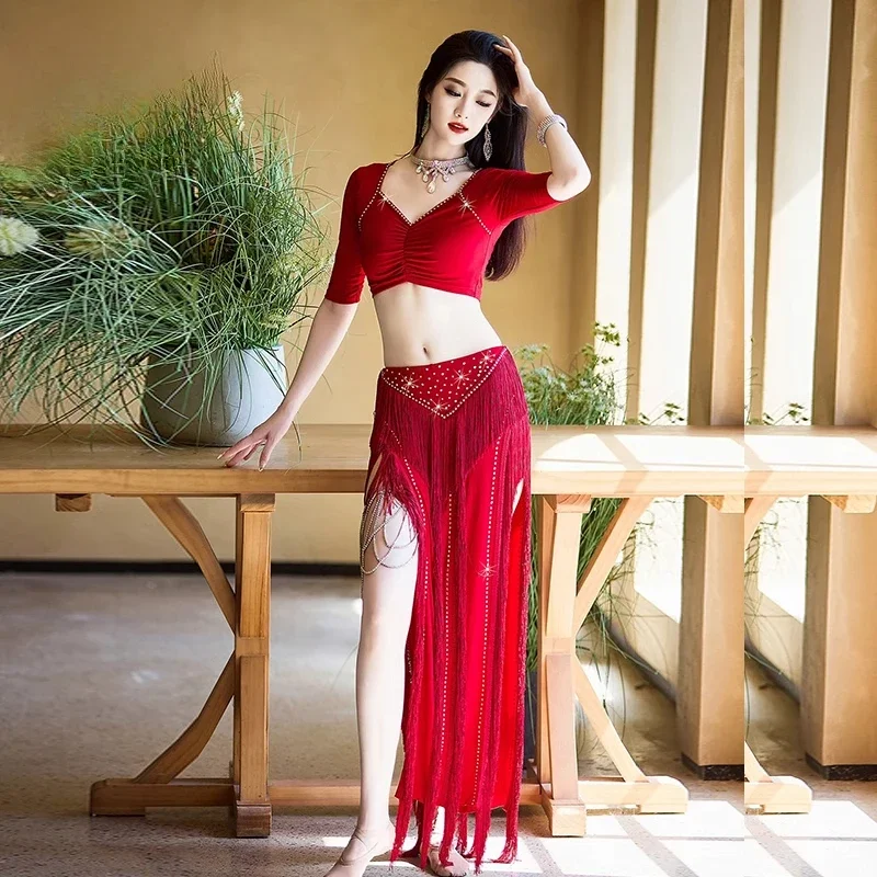 BellyDance Practice Clothes for Women Diamond tassels Set Belly Dancer Training Professional Clothing Oriental Dance Outfit