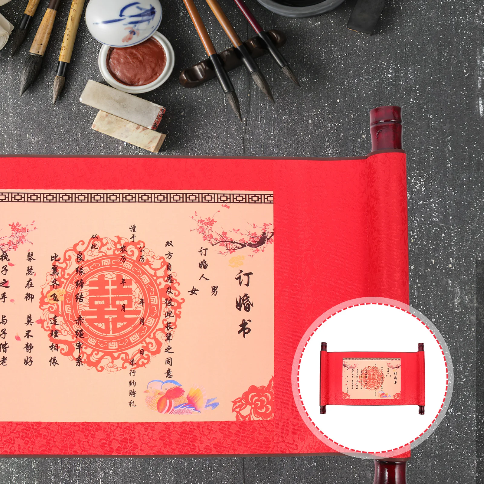 

Wedding Scroll Marriage Contract Blank Engagement Letter Fabric Wedding Scroll Decor Rolling Chinese Album Family