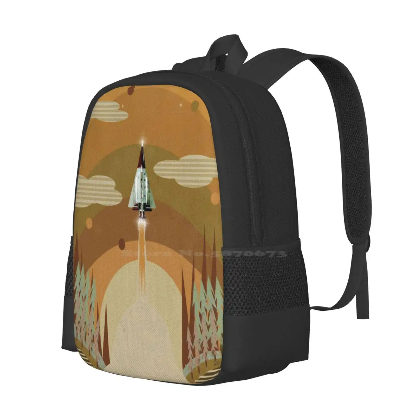 The Adventure Continues 3D Print Design Backpack Student Bag Spaceships Rockets Space Travel Spaceman Retro Solar System Dorm