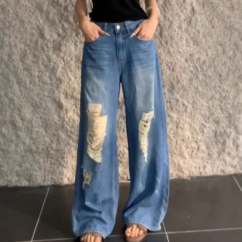 

Women Denim Wide Leg Pants Hole Jeans Floor Length High Waist Washed Distressed Streetwear Vintage Straight Trousers 2025