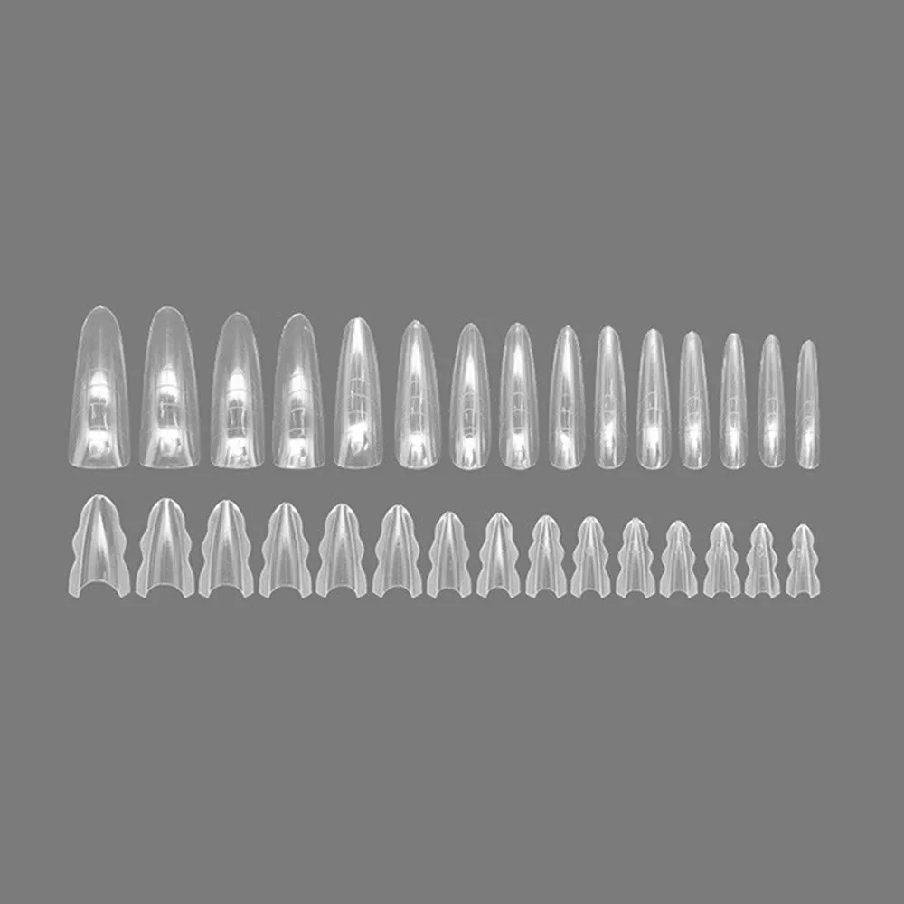 أشكال أظافر على شكل نعش، أطراف أظافر رفيعة للغاية بدون أثر، وصلات شفافة على شكل اللوز، أظافر صناعية على الوجهين #3