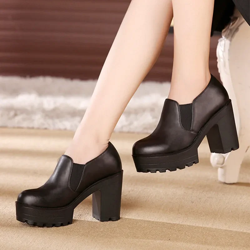 Comfortable Thick Bottom Platform Shoes Deep mouth Soft Leather Pumps Fall 2024 Block High Heels Shoes for Office Model Dance