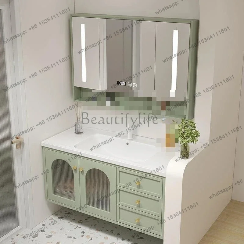LJYoak wall-mounted ceramic integrated bathroom cabinet new lighting with mirror washstand laundry cabinet