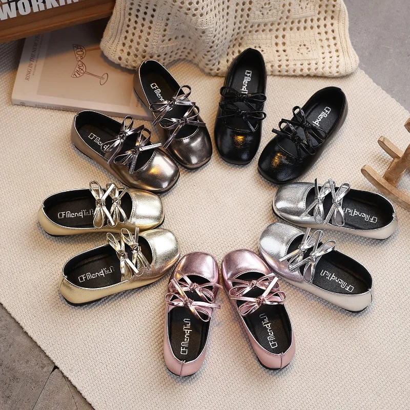 Princess Shoes for Girls New 2026 Fashion Double Bowknot Chic Children Mary Jane Shoes Gold Sliver Square Toe Elegant Kids Flats
