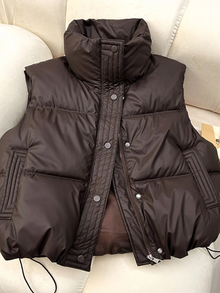 Warme Pufferweste für Damen im Herbst und Winter – einfarbiger Stehkragen, ärmellos, lässig, leichte Oberbekleidung