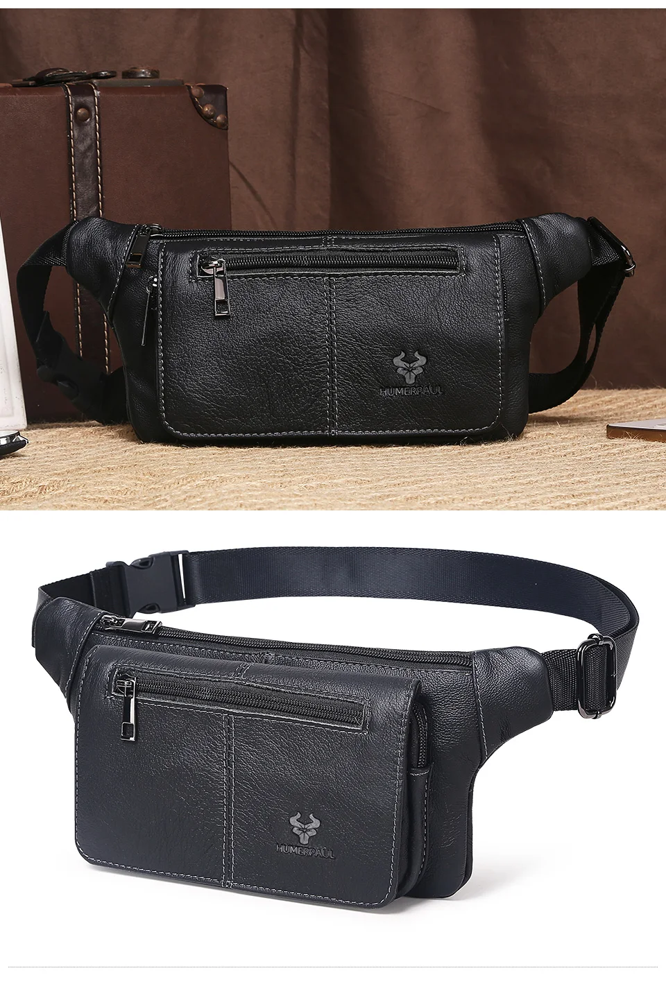 HUMERPAUL Herren-Hüfttasche aus echtem Leder, mehrere Taschen, Brusttaschen, verstellbarer Riemen, langlebige Hüfttasche für tägliche Reisen und Outdoor – Detail 10